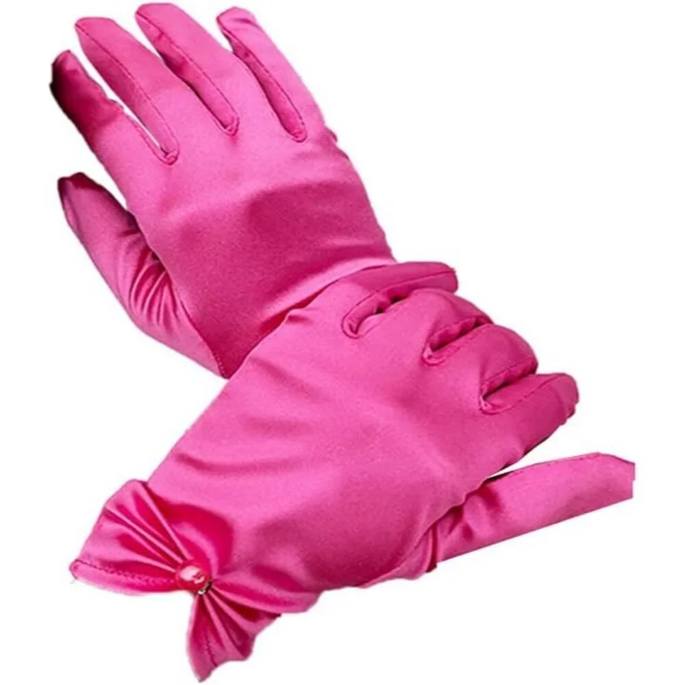 Women's Fuchsia Satin Pearl Wedding Dress Opera Party Wrist Gloves Short Length